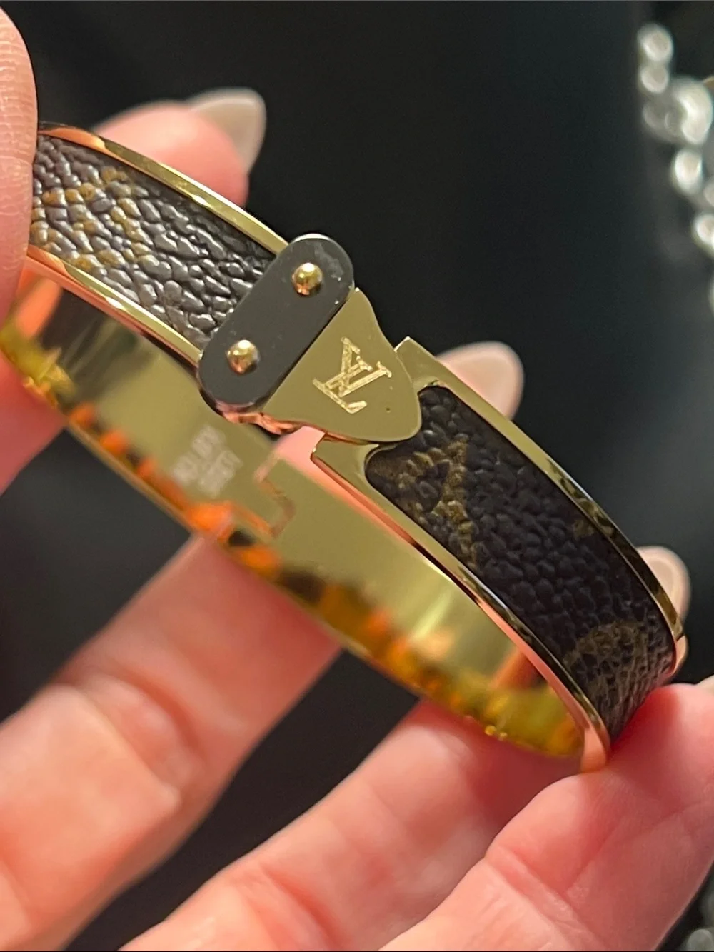Up Cycled Brown Monogram Bangle with Gold Accent